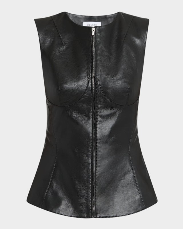 Sleeveless Zip-Up Seamed Leather Top